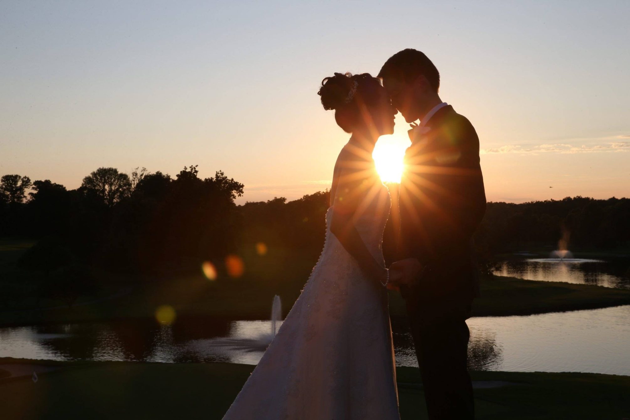 Brooklake bride and groom with sunset