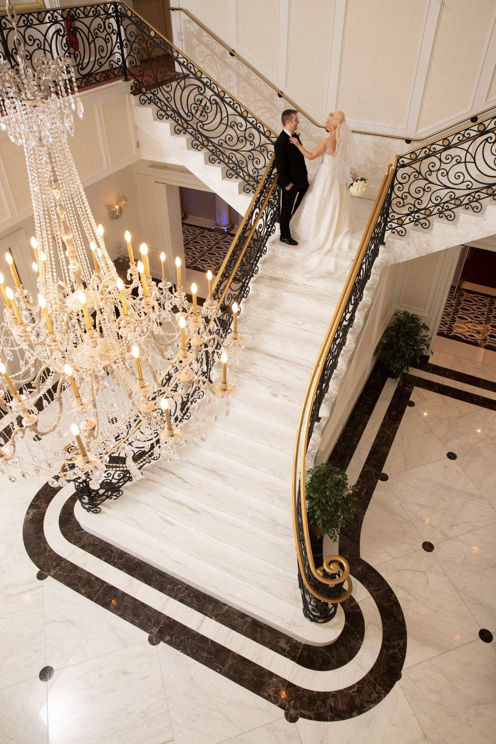 Meadow Wood bride and groom on staircase