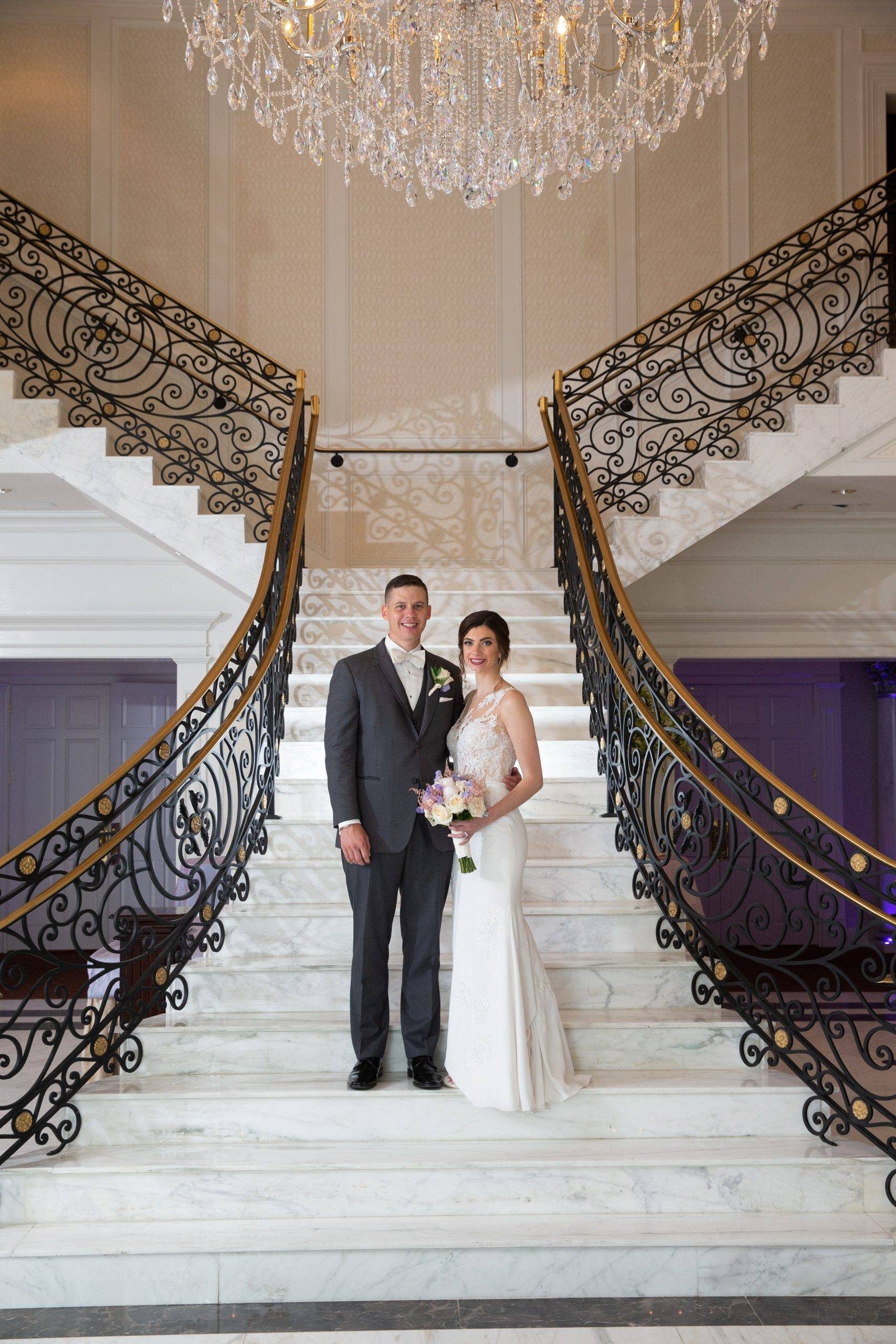 Meadow Wood wedding couple by staircase