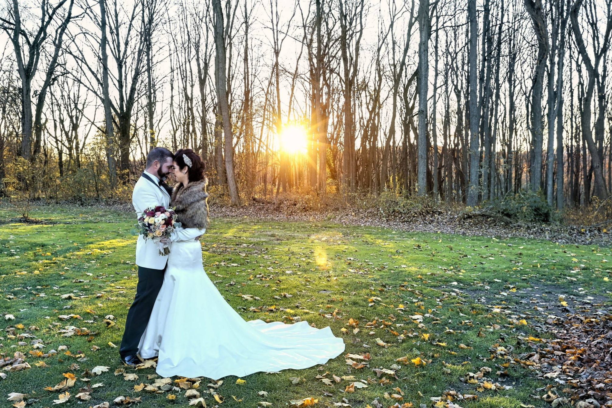 Basking Ridge CC bride and groom on lawn at sunset