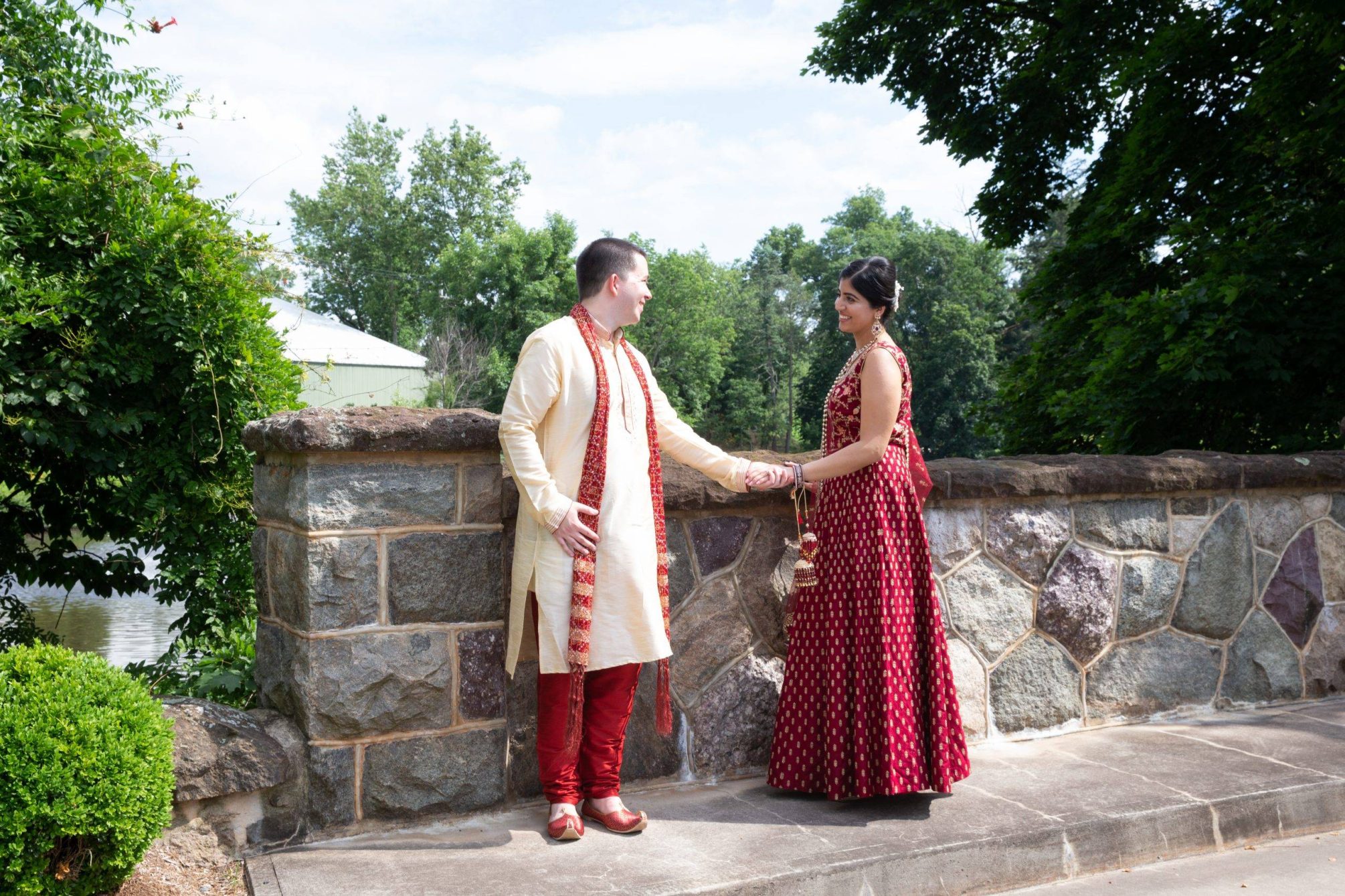 Brooklake Indian bride and groom on patio